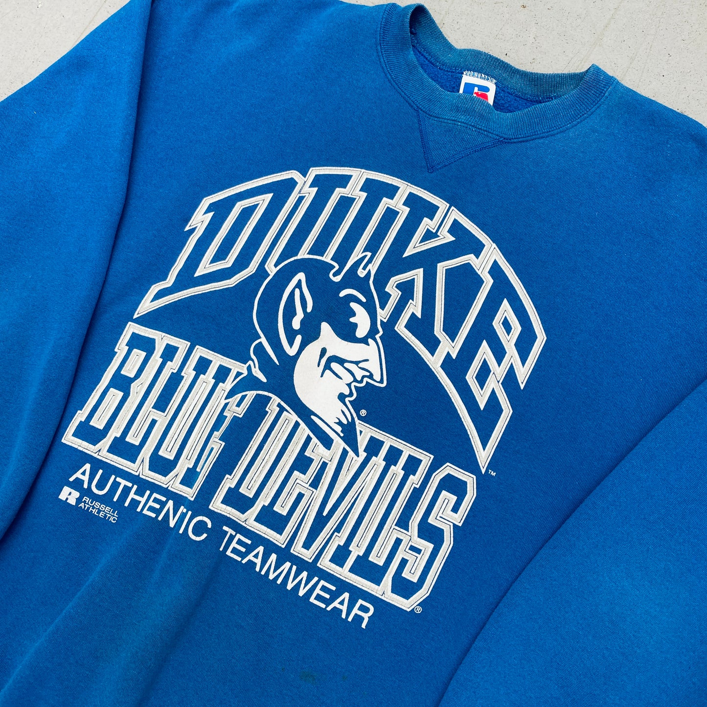 Duke Blue Devils: 1990's Russell Athletic Graphic Spellout Sweat (XL)