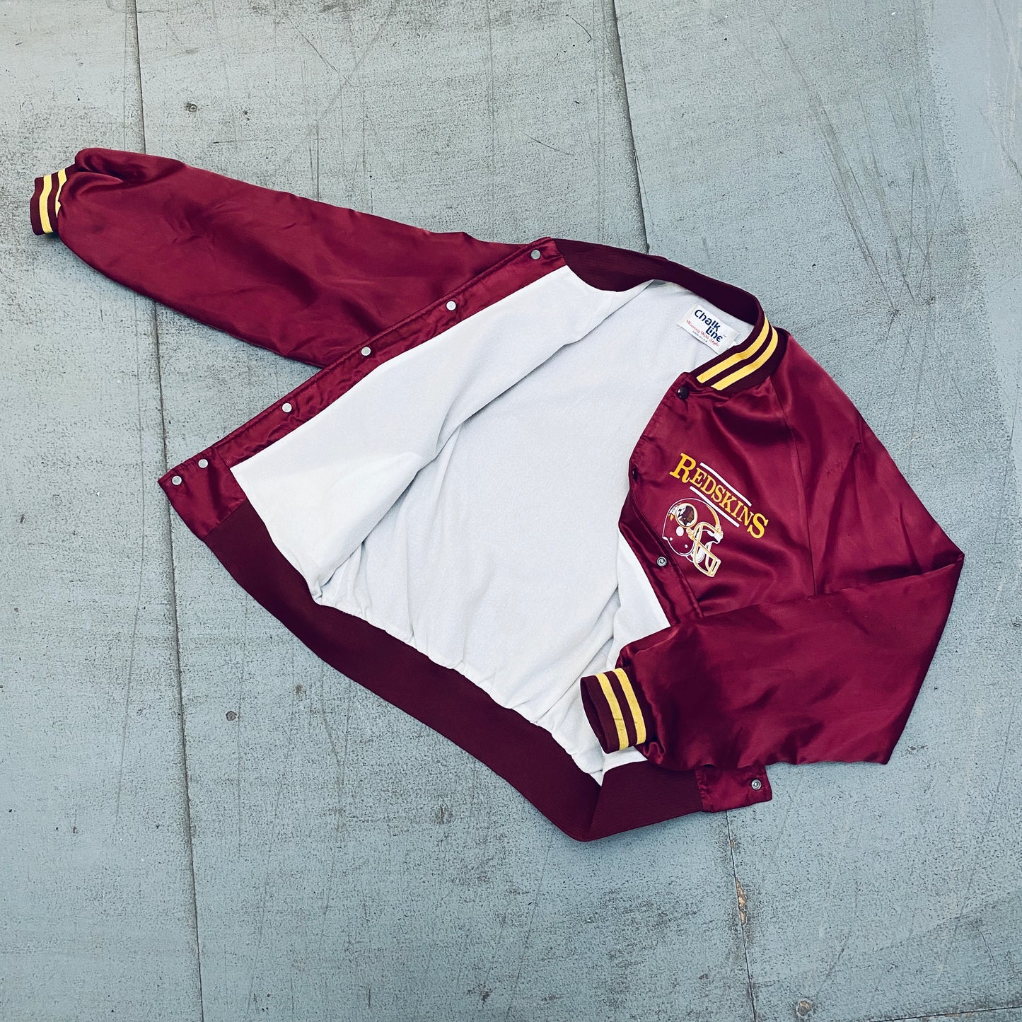 Washington Redskins: 1990's Chalk Line Reverse Spellout Satin Bomber Jacket (M)